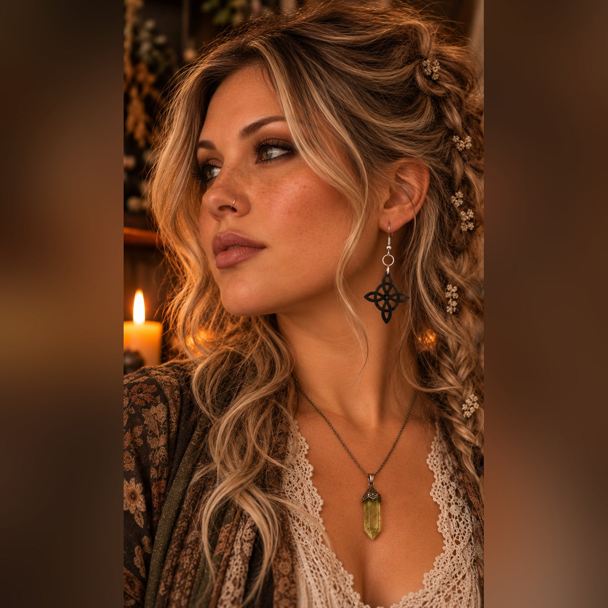 Blonde woman with braided hair wearing black Celtic knot dangle earrings with silver hooks, styled with a green crystal necklace and earthy bohemian clothing.