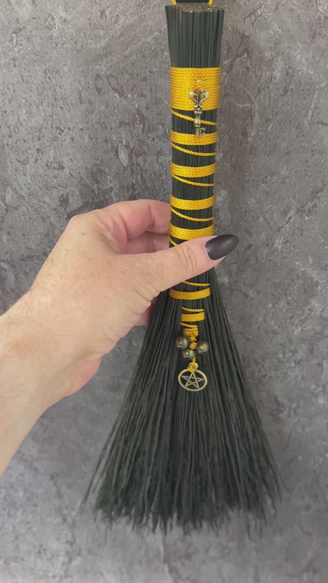 Hawks Tail broom- black & gold (besom)